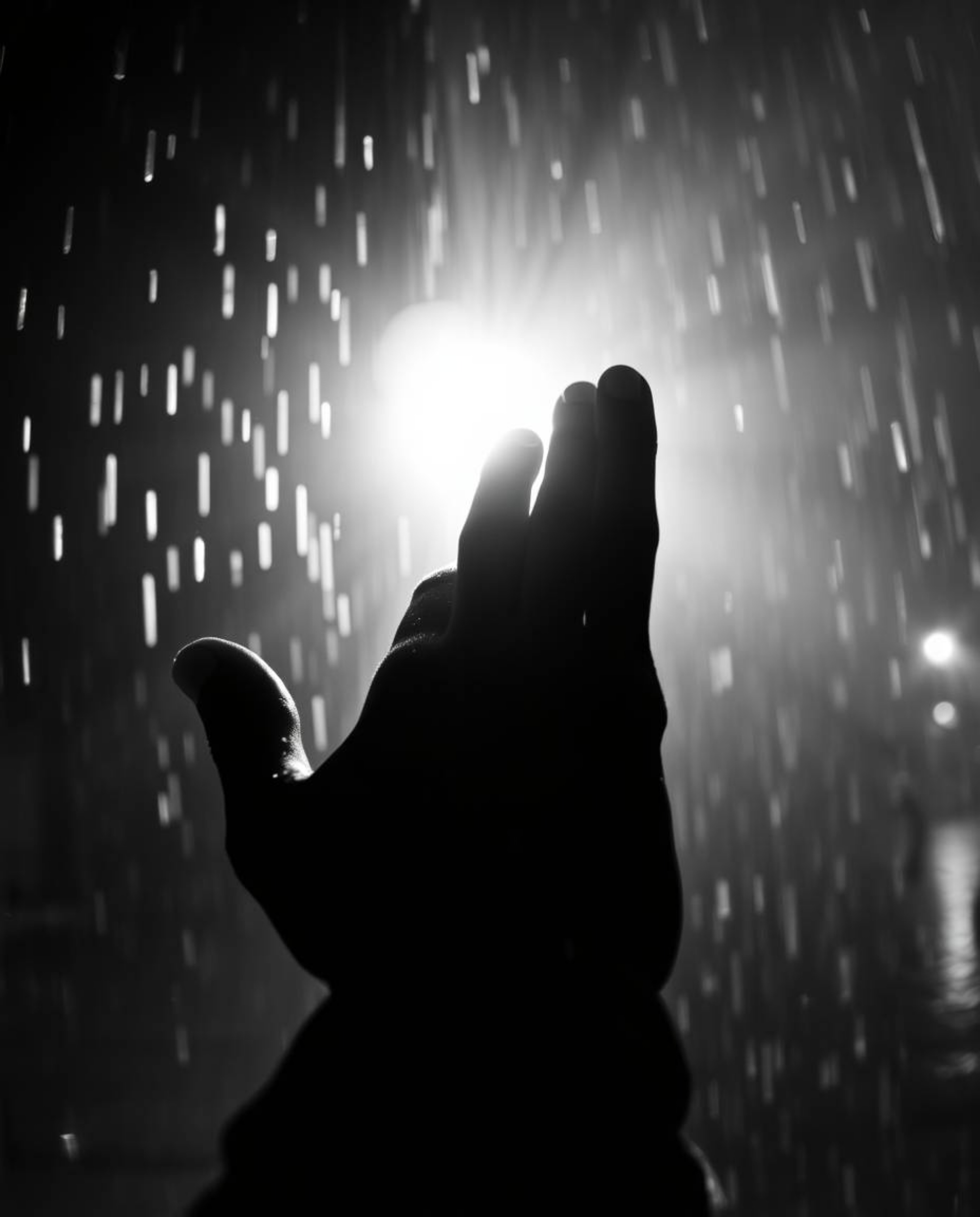 A captivating black and white photograph depicts a hand reaching towards a light source emerging from the darkness.  Rendered