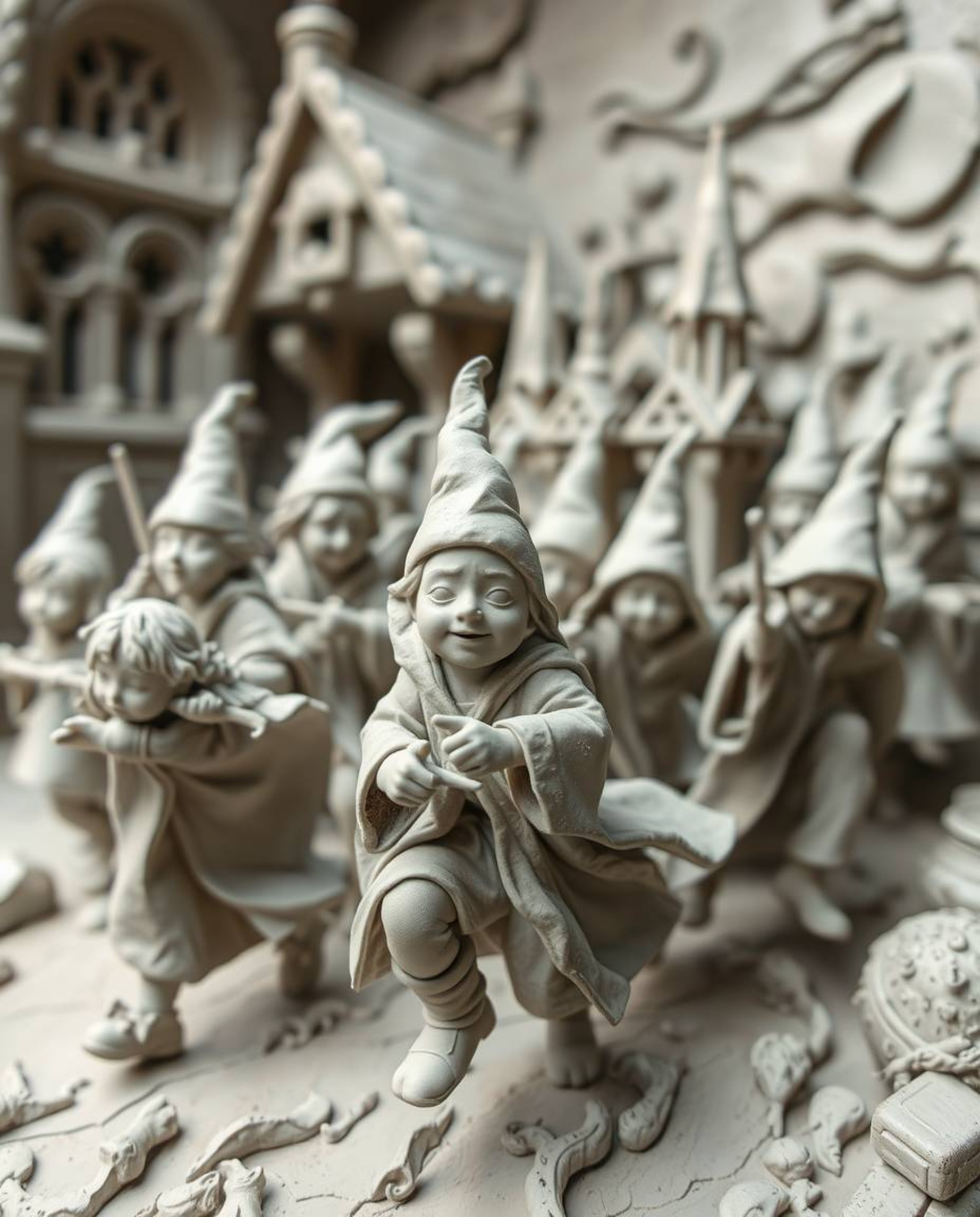 This stunning clay artwork depicts a magical school bustling with young wizards in dynamic motion. The textured surfaces, blu
