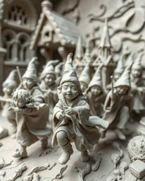 This stunning clay artwork depicts a magical school bustling with young wizards in dynamic motion. The textured surfaces, blu