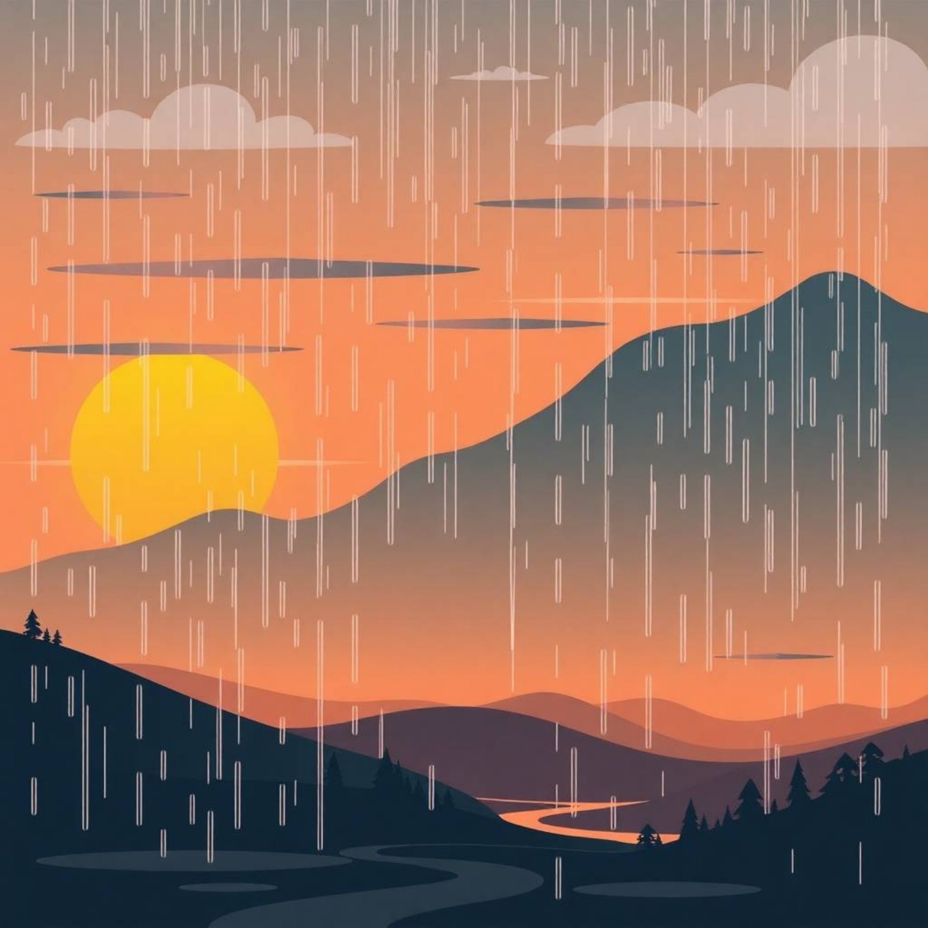 A captivating flat design illustration depicts a serene sunset over a quiet mountain valley, infused with a calming rainy atm