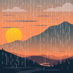 A captivating flat design illustration depicts a serene sunset over a quiet mountain valley, infused with a calming rainy atm