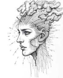 A captivating hand-drawn sketch depicts a dramatic transformation. A digital glitch warps a human face into a flowing data st