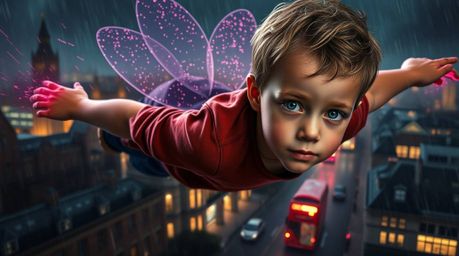 A young boy with refined features and trails of pixie dust soars above a rain-slicked, dimly lit London cityscape, bathed in 
