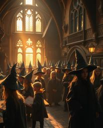 A captivating scene unfolds in a magical school brimming with young wizards, bathed in the warm, ethereal glow of the golden 