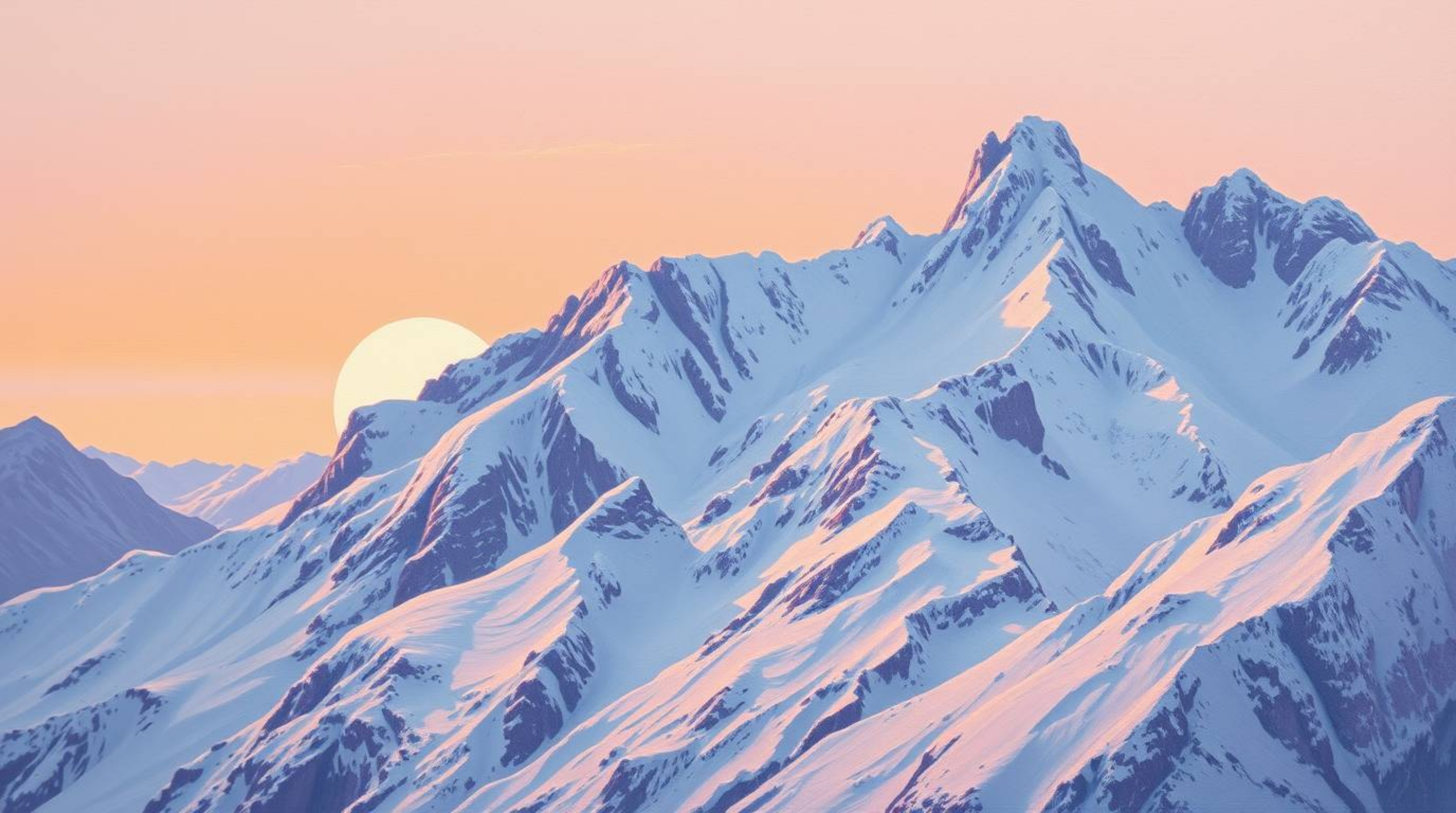 A captivating close-up oil painting depicts snow-covered mountains bathed in the soft glow of a pastel sunset.  The rich text
