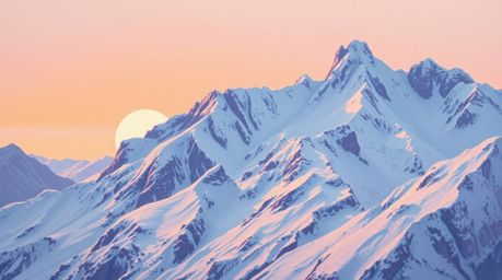 A captivating close-up oil painting depicts snow-covered mountains bathed in the soft glow of a pastel sunset.  The rich text