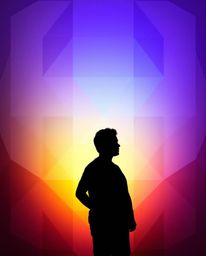 This image features a silhouetted figure set against a geometric pastel gradient wallpaper. The design incorporates electric 
