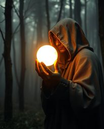 A captivating close-up image reveals a cloaked figure standing within a misty forest, clutching a radiant, glowing orb.  The 