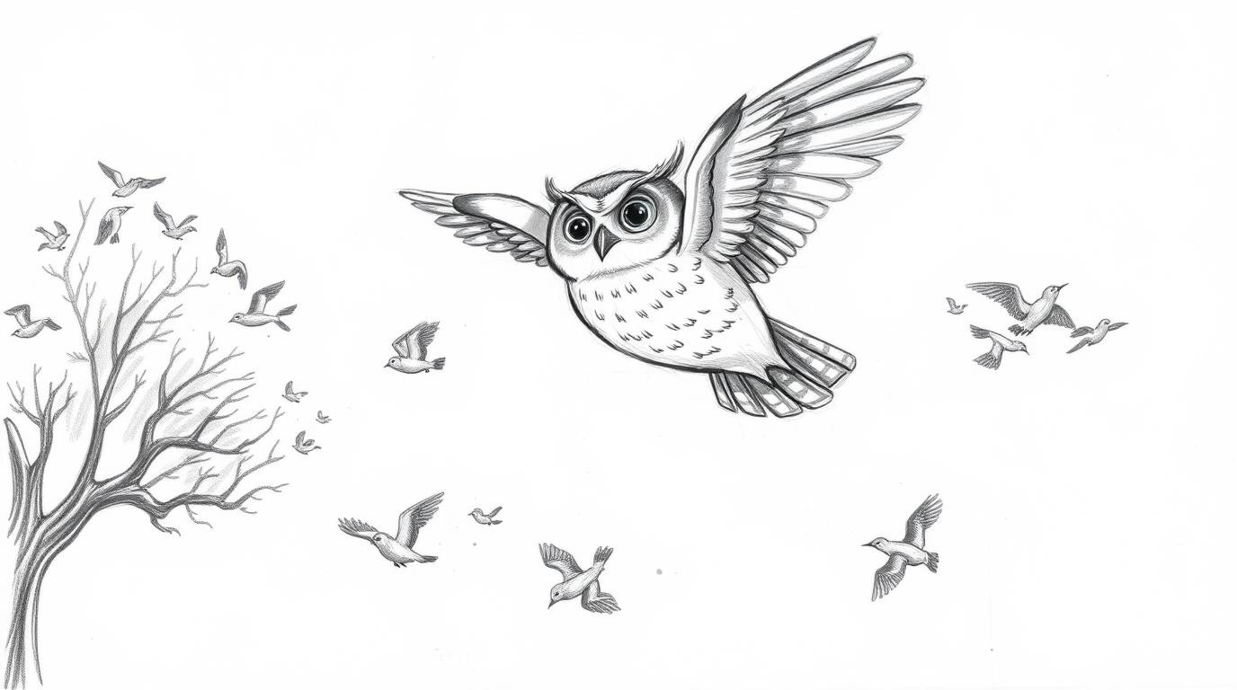 A heartwarming hand-drawn sketch in the style of Pixar depicts a serene blind owl patiently guiding a flock of small birds in