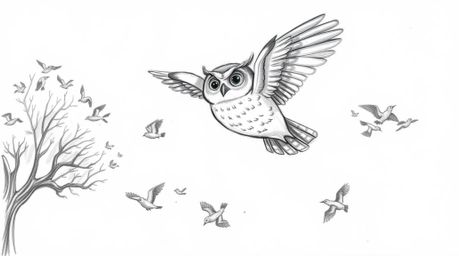 A heartwarming hand-drawn sketch in the style of Pixar depicts a serene blind owl patiently guiding a flock of small birds in