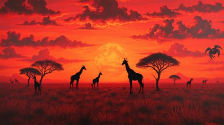 A captivating surreal painting depicts a warm sunset over a vibrant savanna. Silhouetted giraffes stand against the fiery red