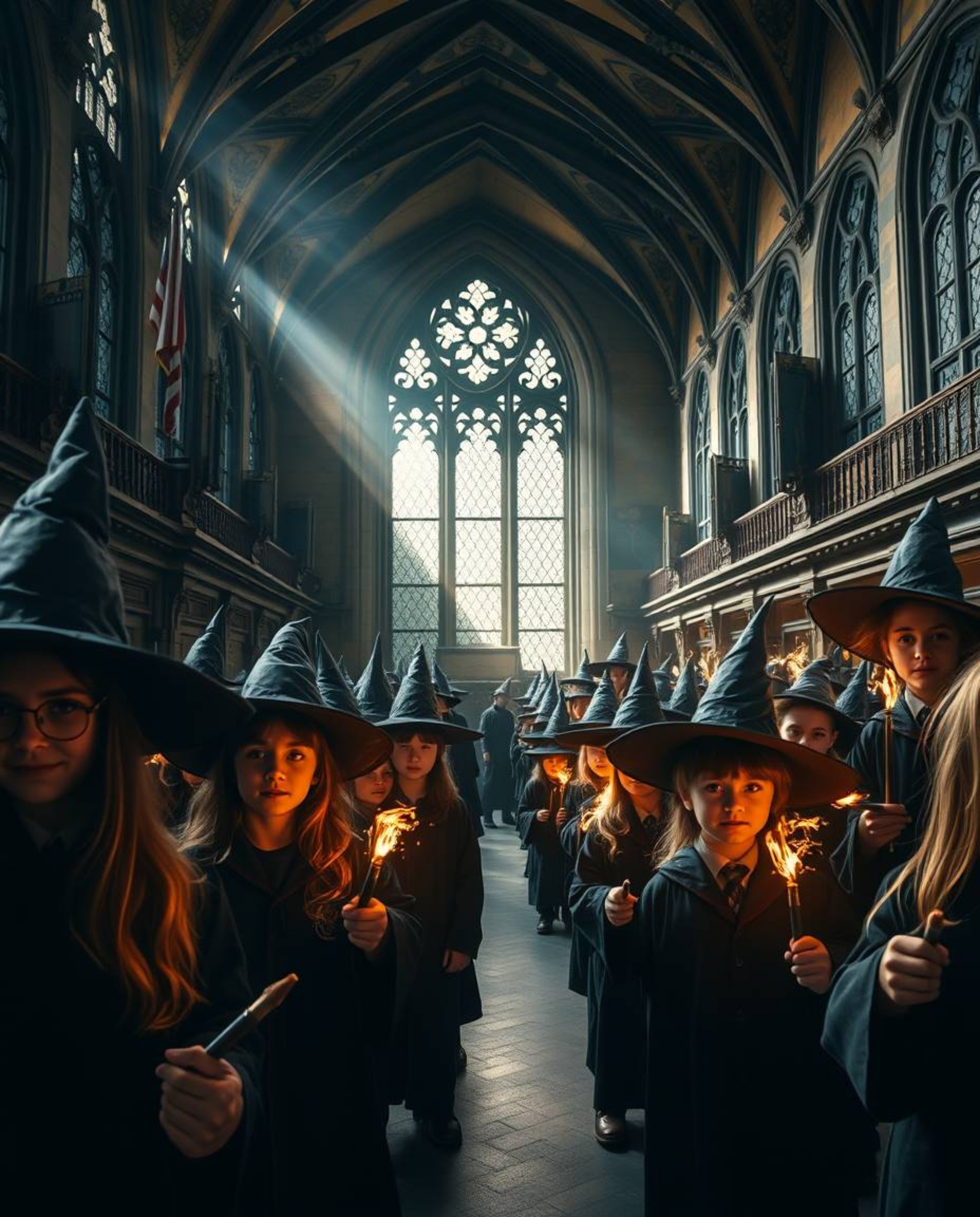This high-resolution stock photo captures a magical school teeming with young wizards, presented in a dramatic cinematic styl