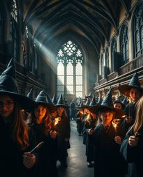 This high-resolution stock photo captures a magical school teeming with young wizards, presented in a dramatic cinematic styl