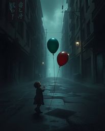 This image captures a poignant scene of a child holding a balloon amidst an eerie urban landscape. The photograph is characte