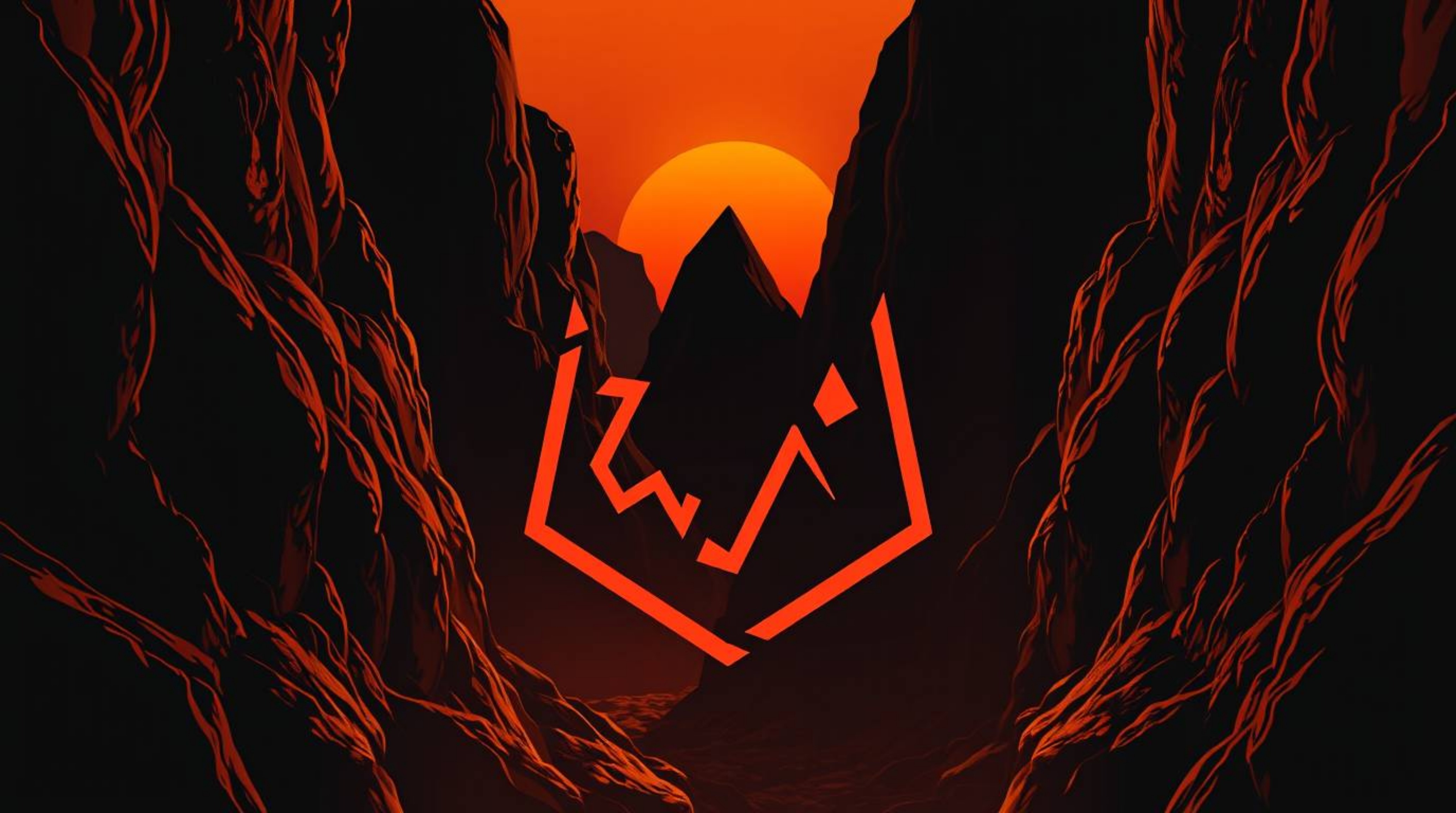 This logo design captures an eerie and creepy atmosphere within a rocky canyon bathed in the warm hues of a sunset. Strong ha