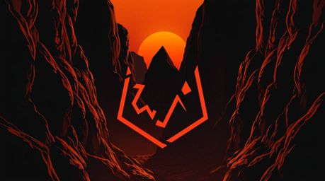 This logo design captures an eerie and creepy atmosphere within a rocky canyon bathed in the warm hues of a sunset. Strong ha