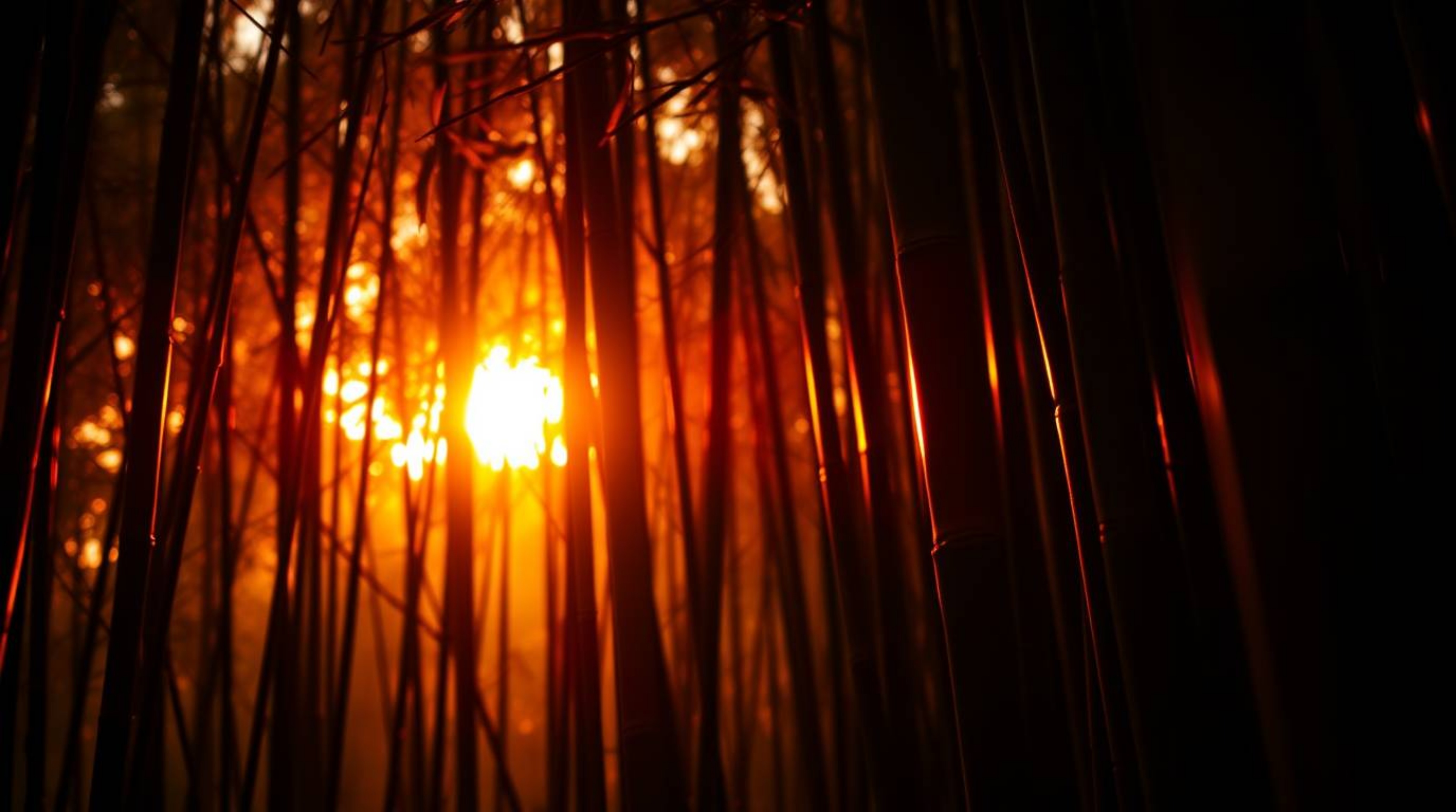 Experience the serene beauty of a bamboo forest in extreme macro close-up, bathed in the warm hues of sunset. Chiaroscuro lig