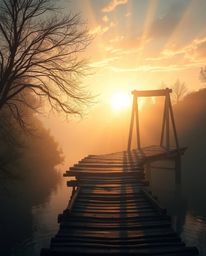 A digital painting depicts an old wooden bridge over a river at sunset, bathed in ethereal light to create a profound spiritu