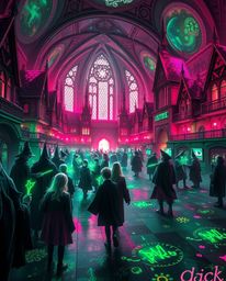 Discover an epic scene of a magical school brimming with young wizards.  Immerse yourself in surreal infrared tones, vibrant 
