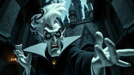 A classic Disney villain with sharp features and pale skin conjures a spell within a gothic castle. This architectural photog
