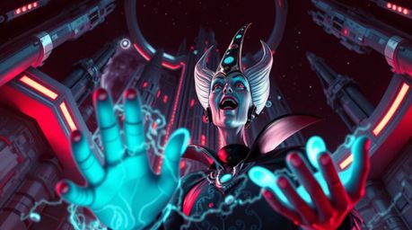 A classic Disney villain, enhanced with cybernetics and vibrant skin, casts a powerful spell within a sleek, technologically