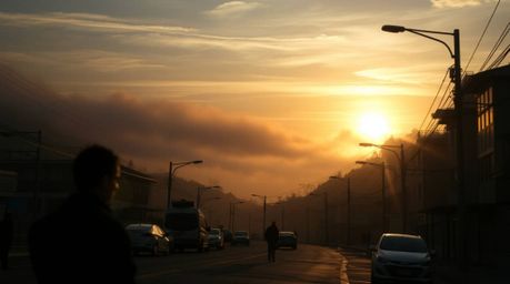 A captivating candid street photograph showcasing an epic scene of fog-covered hills at sunset, set against a modern, futuris