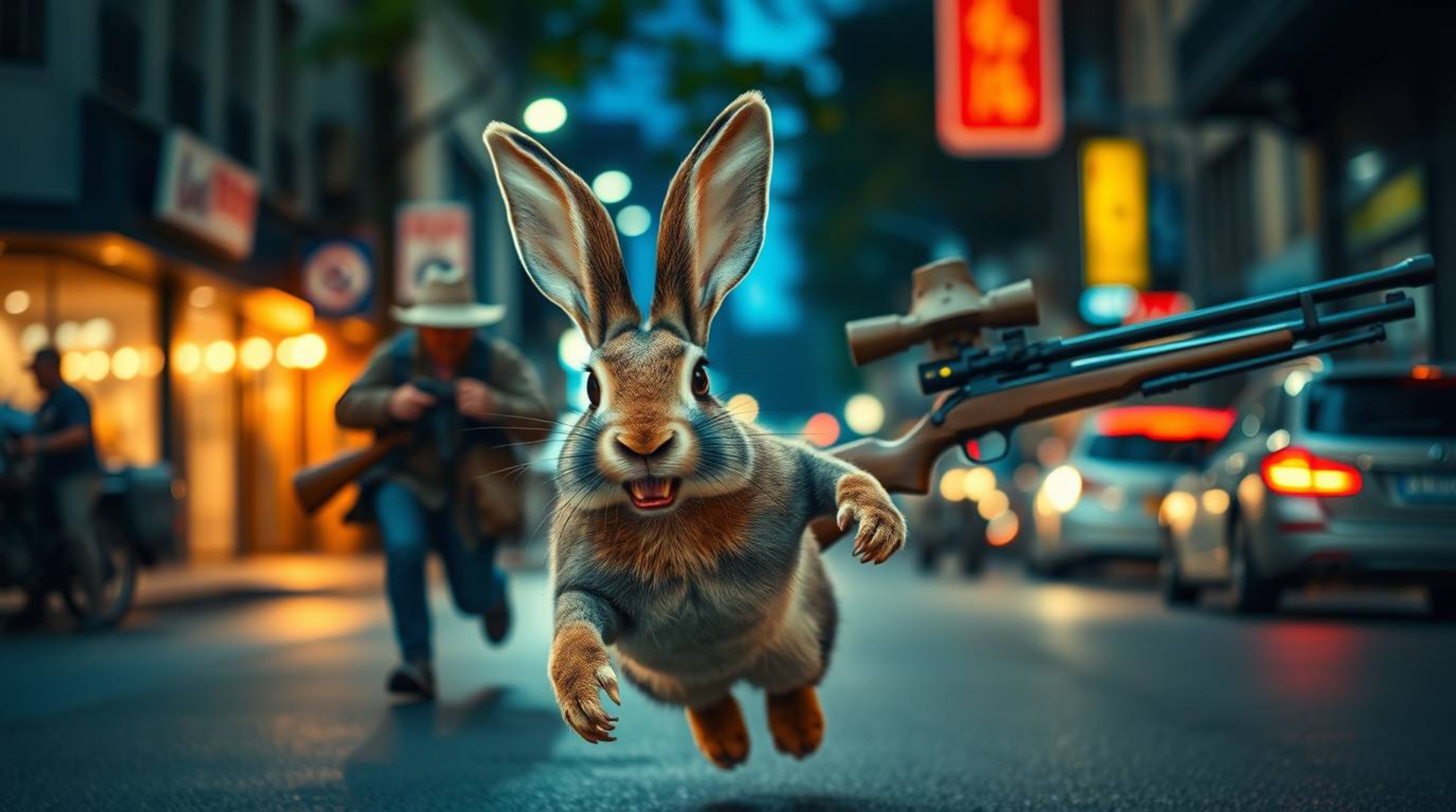 A street photograph capturing a moment of pure chaos: a wacky rabbit with oversized ears and a mischievous grin outpaces a hu