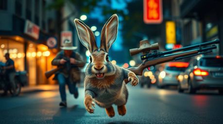A street photograph capturing a moment of pure chaos: a wacky rabbit with oversized ears and a mischievous grin outpaces a hu