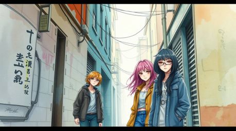 A delicate watercolor painting captures the essence of a grungy city alley, bathed in soft pastel colors. Rebellious teens wi