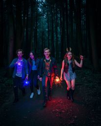Captured in a candid street photography style, this image portrays a group of friends possessing unique powers as they ventur
