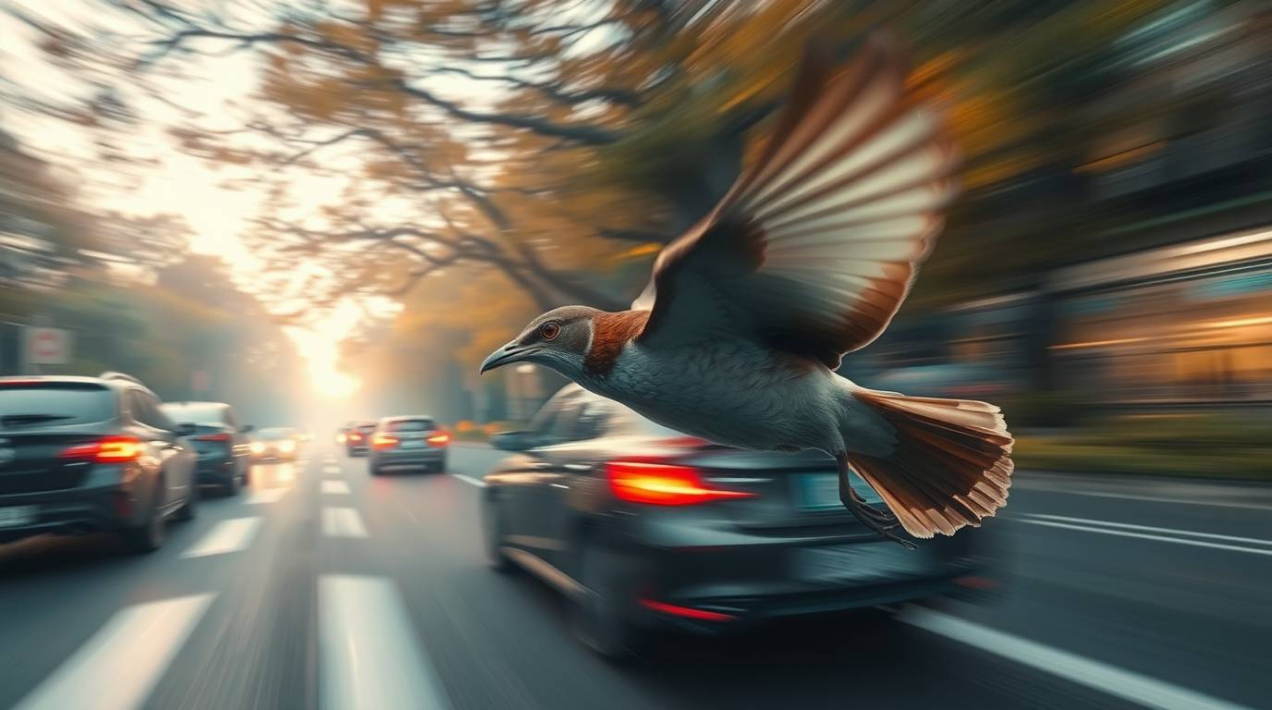 A close-up shot capturing a fast-running bird effortlessly zooming past bustling traffic within a mystic and enchanting envir