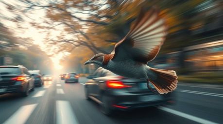 A close-up shot capturing a fast-running bird effortlessly zooming past bustling traffic within a mystic and enchanting envir