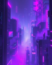 Explore a futuristic cityscape bathed in deep ultraviolet hues and vibrant neon splashes. This cyberpunk environment creates 