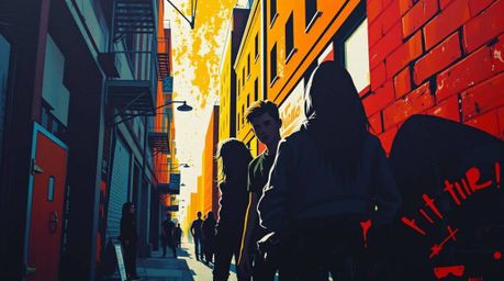 A vibrant acrylic painting depicts rebellious teenagers silhouetted in a grungy city alley, bathed in backlighting.  The shar