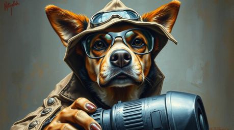Discover a captivating oil painting depicting a dog detective utilizing high-tech gadgets.  The artwork features rich texture