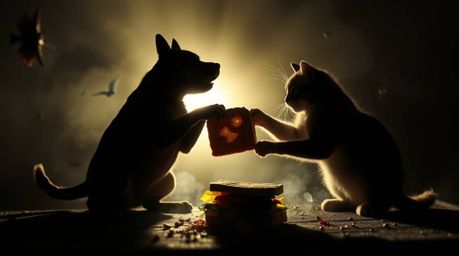 A captivating image depicting a surreal scene of a dog and cat engaged in a comical fight over a giant sandwich.  The backlig