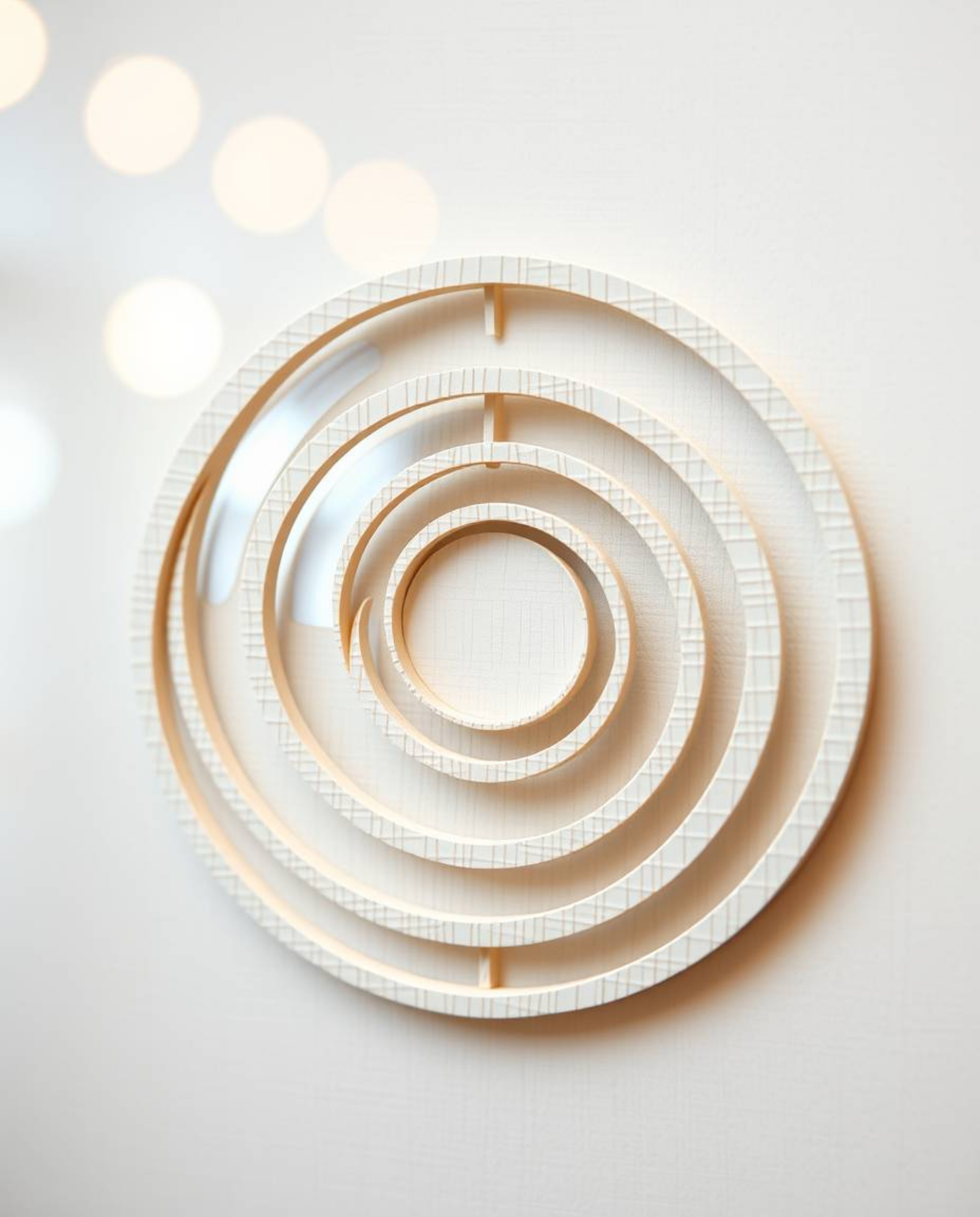 This artwork showcases a minimalist geometric pattern of circles and lines, reminiscent of Bauhaus style.  Sculpted from laye