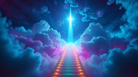 A captivating surreal artwork depicts a vibrant, bioluminescent stairway ascending through smoky clouds towards a radiant cel