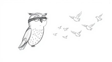 A heartwarming, hand-drawn sketch in the style of Pixar depicts a blind owl with soft, rounded features passionately teaching