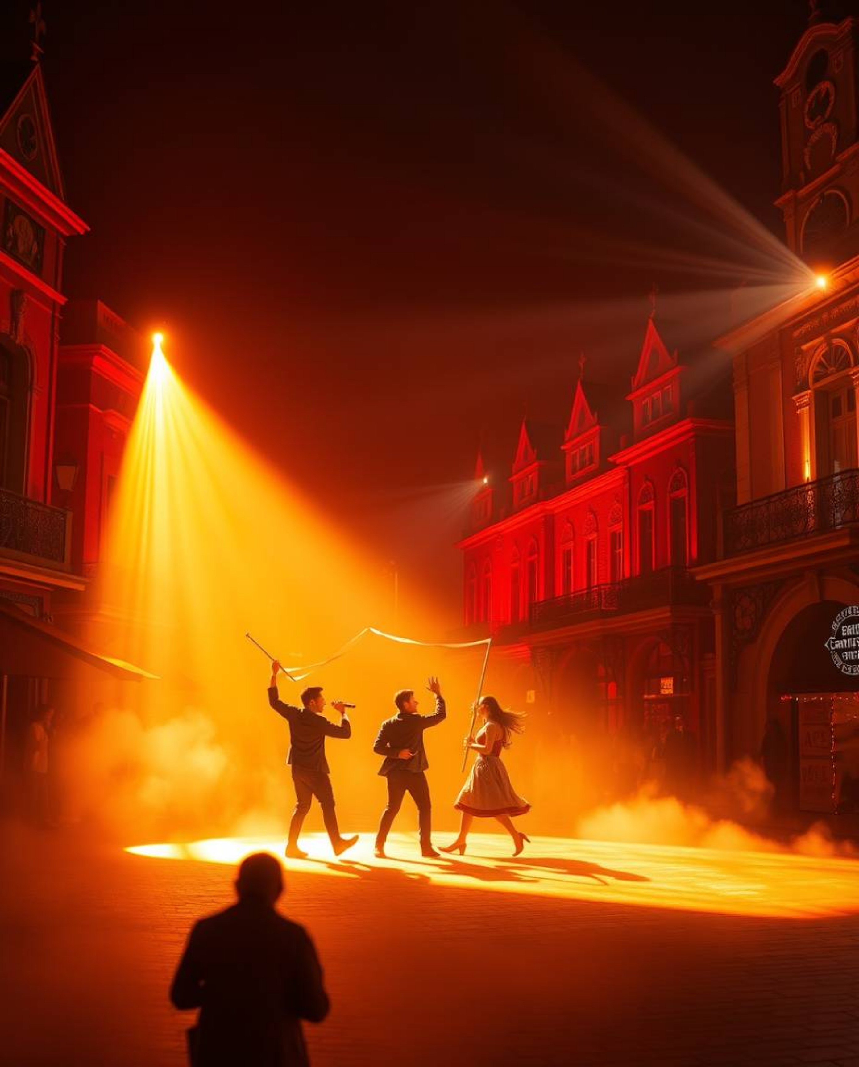 A captivating volumetric lighting illustration depicts a vibrant musical number unfolding in a bright town square.  Bathed in