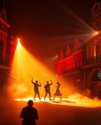 A captivating volumetric lighting illustration depicts a vibrant musical number unfolding in a bright town square.  Bathed in