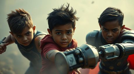 A trio of superpowered kids, each with unique facial features and diverse skin tones, bravely battles a metallic robot in a s