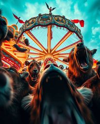 Experience a surreal and dramatic carnival scene overtaken by wild animals, captured from a unique low-angle perspective. Thi