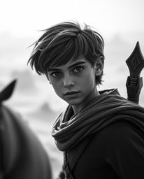 A brave hero embarks on a timeless desert adventure, rendered in stunning black and white cinematography.  The image evokes a
