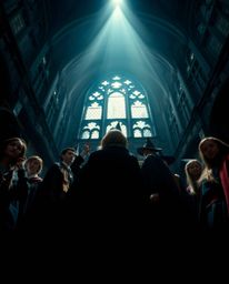 Explore the enchanting world of a magical school filled with young wizards, captured through a low-angle shot with moody ligh