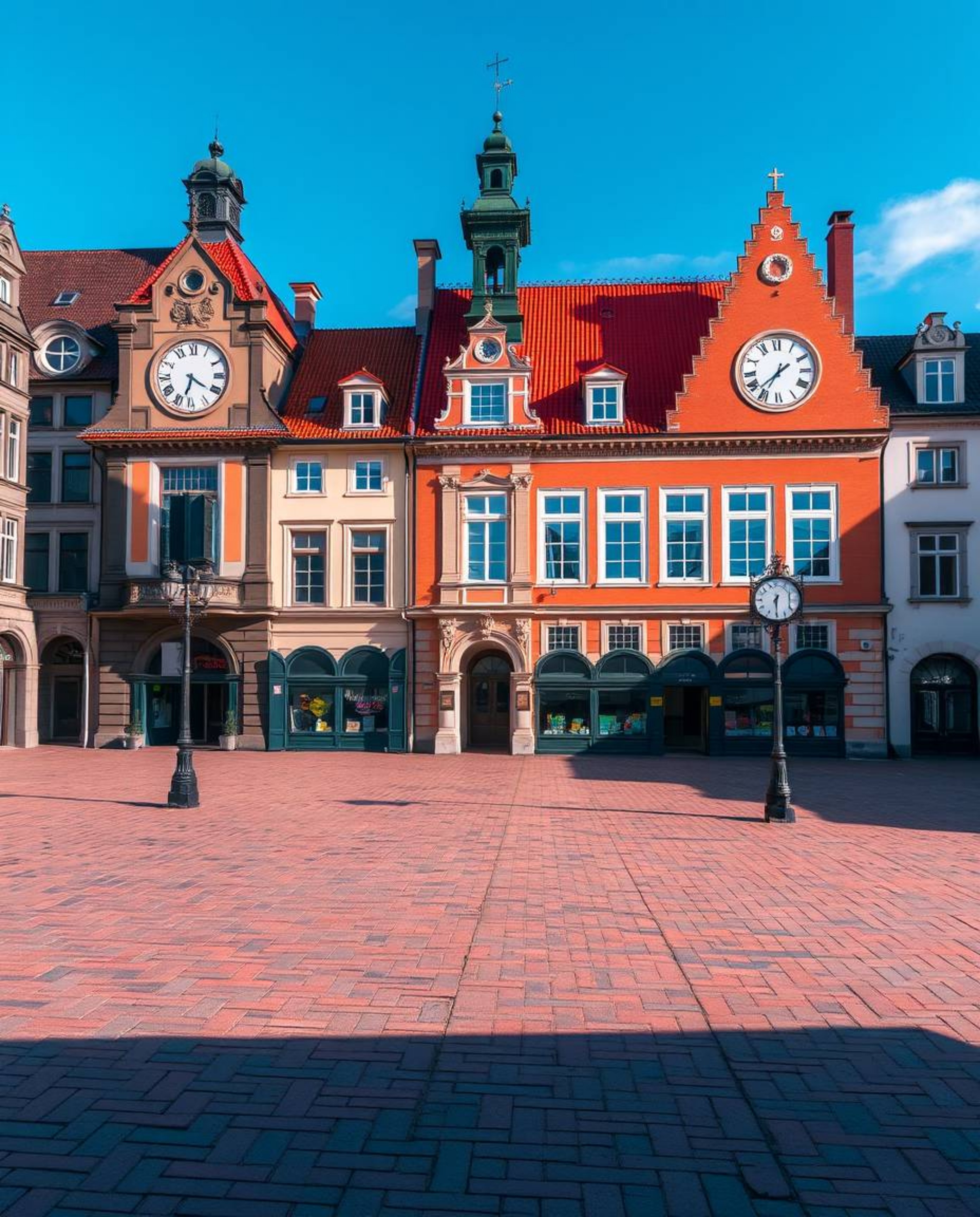 A precise architectural color photograph captures an empty town square, characterized by the rhythmic ticking of clocks and t
