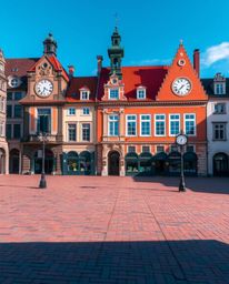 A precise architectural color photograph captures an empty town square, characterized by the rhythmic ticking of clocks and t