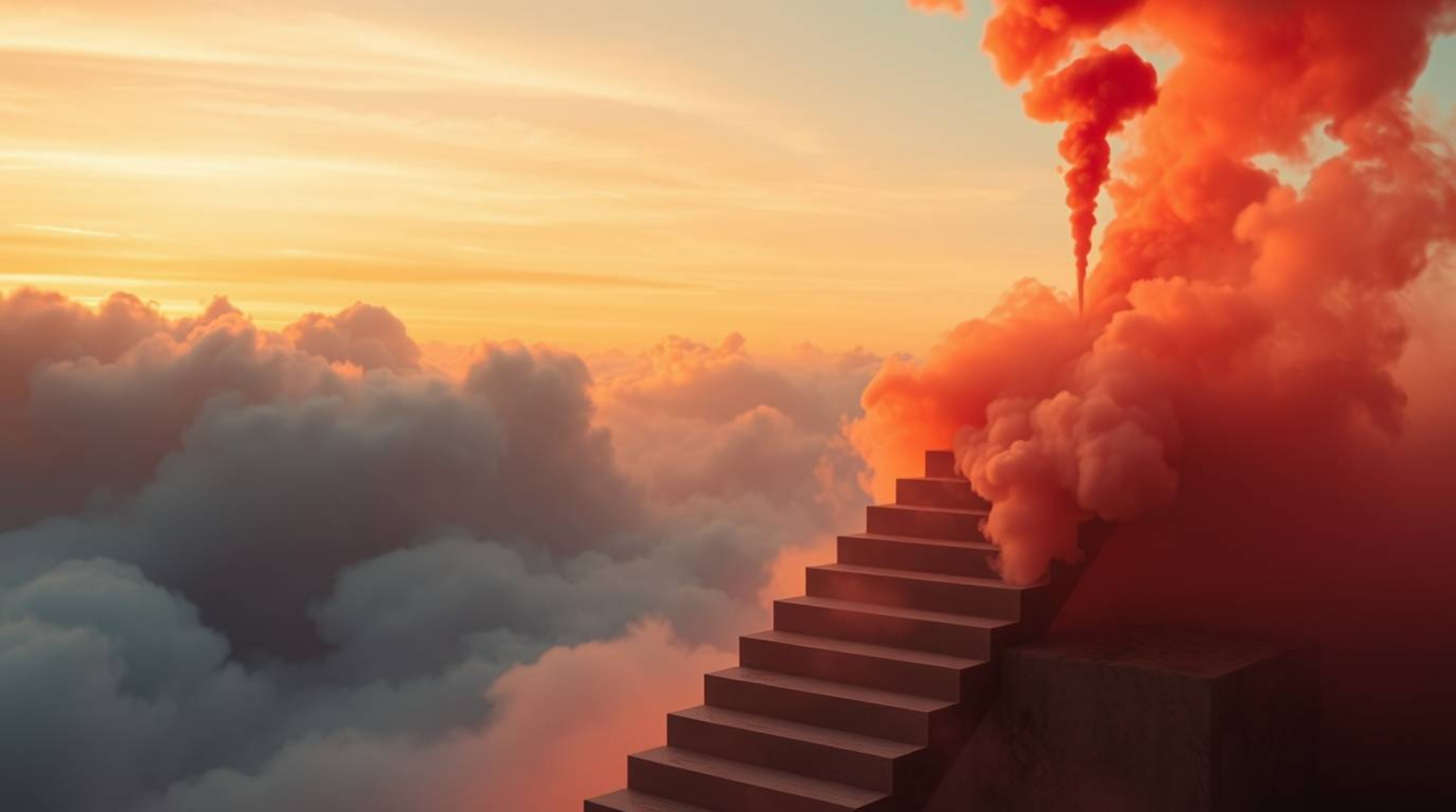 A captivating photograph depicts a winding stairway composed of smoke and light, ascending into a vast, cloudy sky.  The imag