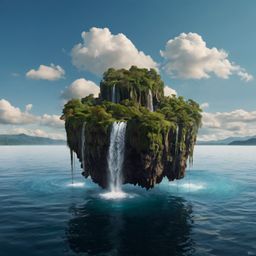 Explore a surreal world with this oil painting depicting a floating island, where waterfalls defy gravity and cascade into th