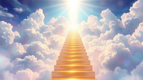 A captivating digital painting depicts an iridescent golden staircase ascending through ethereal clouds towards a radiant hea
